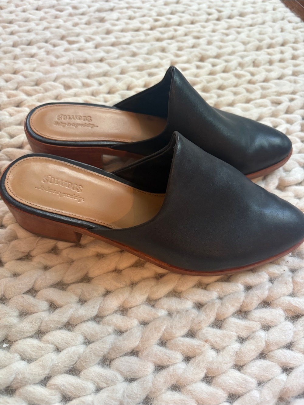 Soludos Black Leather Slip-On Mules with Wood-Tone Heel